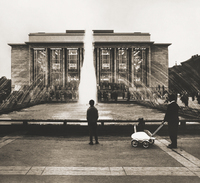 The Janáček Theatre was opened in 1965, in front of the entrance was a high fountain. In 2014 a new park arrangement was built in front of the entrance with water features and an illuminated fountain in the shape of a theatre curtain. © Moravian Museum